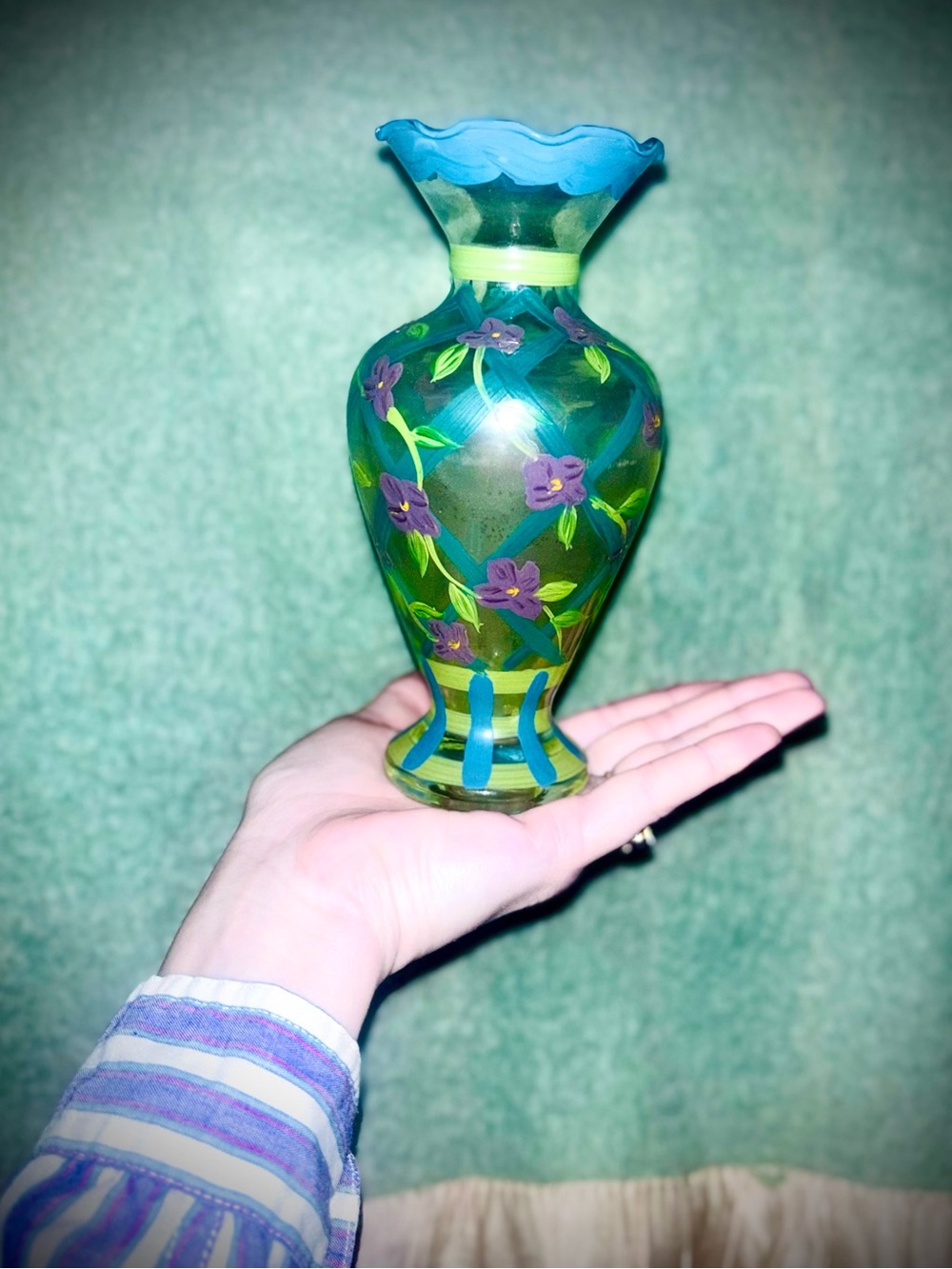 Vtg 1990s Tracy Porter Handpainted Glass Craft Violet Trellis Bud Vase